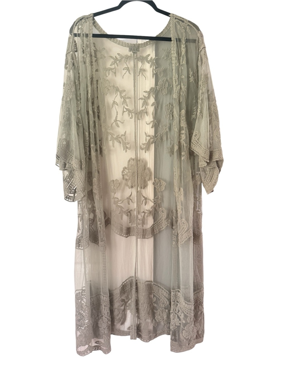 POL Sage Green Floral Embroidered Lace Kimono Duster Cardigan M/L